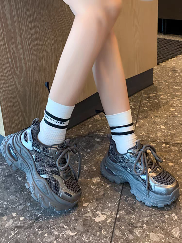 新款2025真皮秋季韩版时尚百搭双网厚底运动鞋百搭老爹鞋女鞋潮鞋