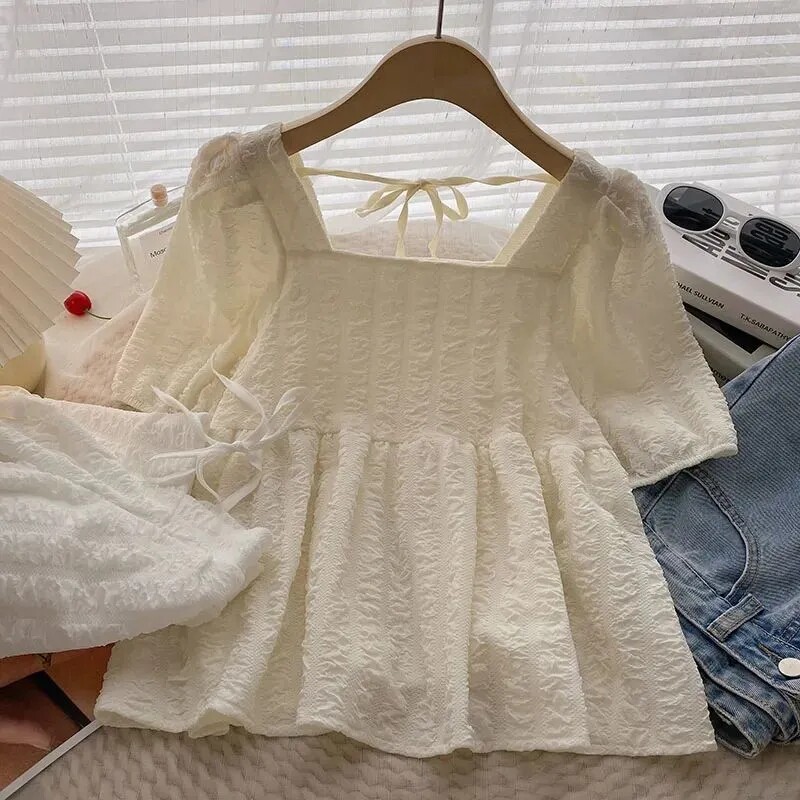 方领短袖显瘦百搭纯色套头衬衫女图片