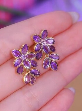 超仙紫色锆石花朵树叶耳环女轻奢小众设计高级感耳环925银针耳饰