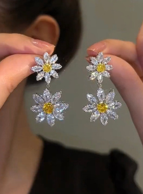 s925银针爆闪爆款耳环新款向日葵长款花朵流苏水晶花瓣耳坠耳饰