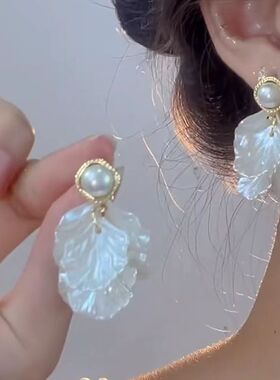 s925银针白色花瓣流苏耳钉女耳饰