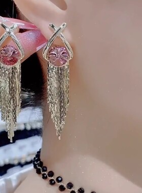 轻奢高级感紫色水晶流苏耳环女独特气质锆石耳钉新款爆款银针耳饰