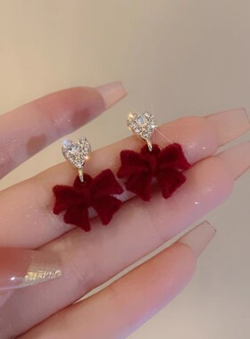 【蜜桃茶】红色丝绒蝴蝶结耳环女