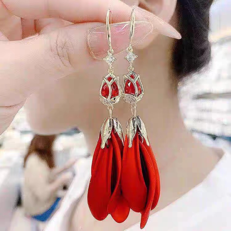 红色郁金香花瓣耳环耳坠耳钩