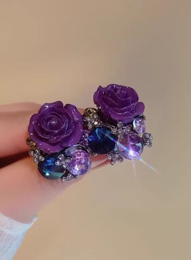 925银针紫色花朵耳钉女小众设计复古气质耳环2025新款高级感耳饰