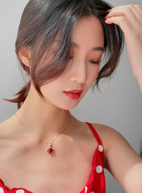 水晶镶钻红宝石钛钢不掉色锁骨链