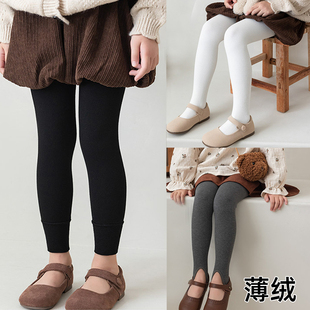 儿童打底裤薄绒踩脚连裤袜女童加绒配裙子九分裤春秋一体绒连脚裤