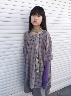 3months2026夏季新款森女系复古风格纹褶皱衬衫宽松百搭短袖衬衣