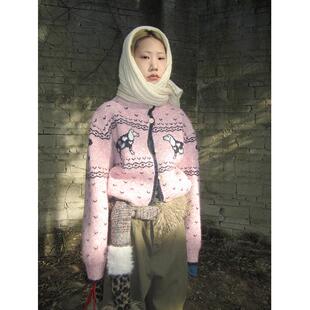 3months冬季新款韩系少女感甜美减龄提花半高领宽松开衫毛衣外套