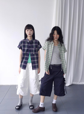 3months韩系格纹短袖衬衫女夏