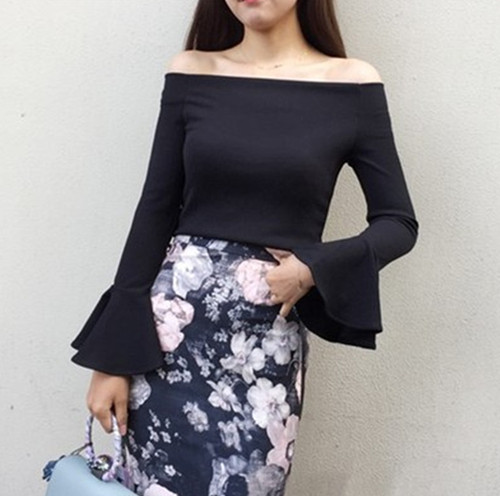 春季新款修身显瘦气质一字领露肩套头上衣喇叭袖t恤打底衫长袖,女装/女士精品,T恤,淘宝优惠券,粉丝福利购,淘宝优惠卷