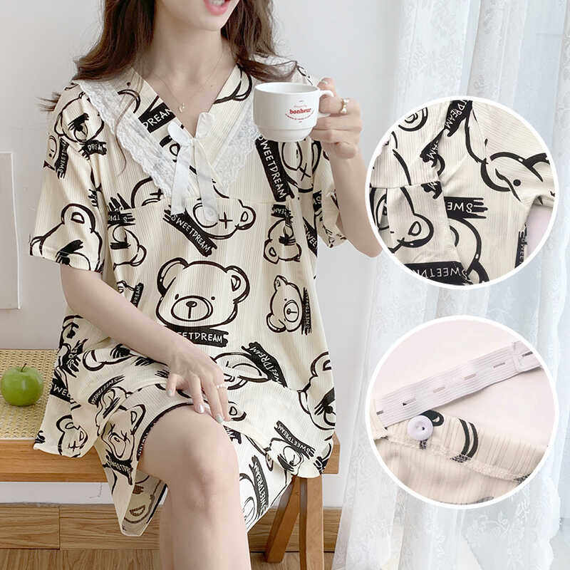 莫代尔短袖孕妇哺乳睡衣套装夏季