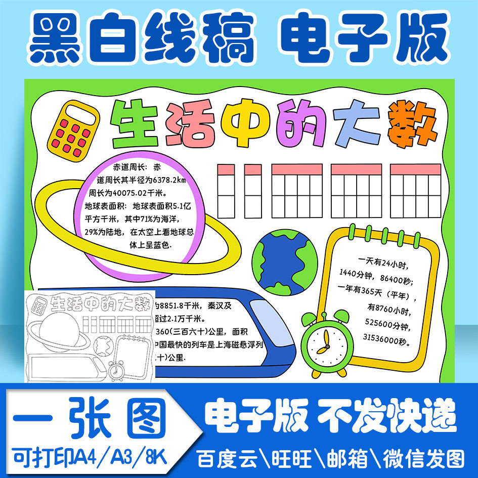 数学生活中的大数手抄报模板小学生电子版黑白线稿图a4 a3 8k