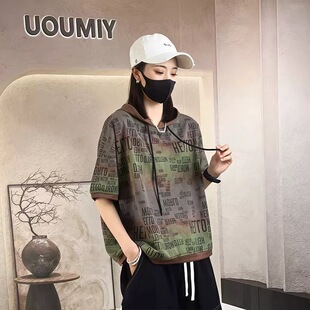 时尚个性字母印花连帽短袖T恤女夏季新款宽松百搭休闲打底衫上衣