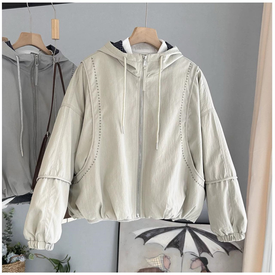 格子拼接连帽宽松夹棉开衫外套潮