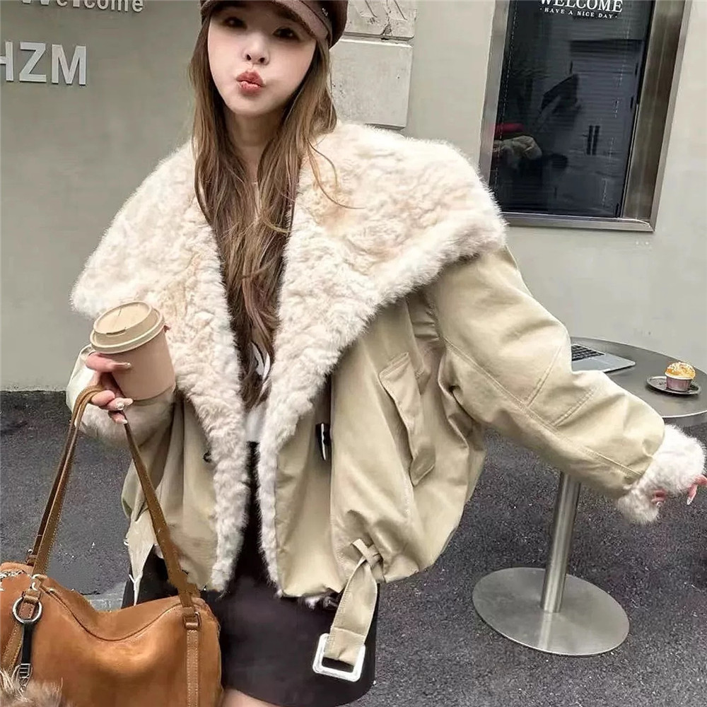 毛毛大翻领加绒保暖派克服外套潮