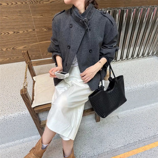 欧货时尚短款立领双排扣毛呢外套女春秋新款宽松百搭休闲开衫上衣