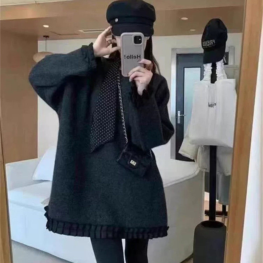 中长款磨毛加厚花边卫衣女秋冬新款宽松百搭休闲叠穿打底T恤衫潮