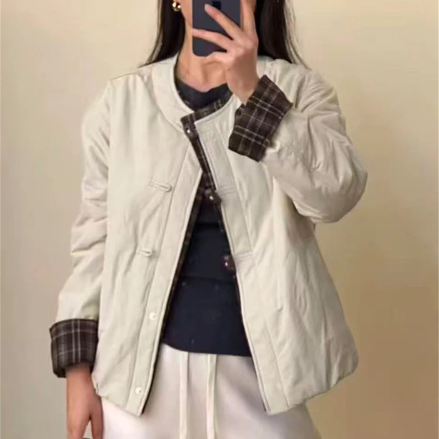 复古牛角扣宽松休闲轻薄棉衣外套
