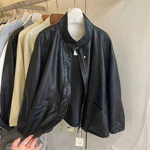 宽松百搭休闲工装 PU皮衣外套女春秋新款 夹克上衣潮 立领工装 中长款
