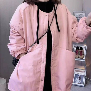 中长款大口袋圆领羽绒棉服外套女秋冬新款宽松休闲夹棉派克服上衣
