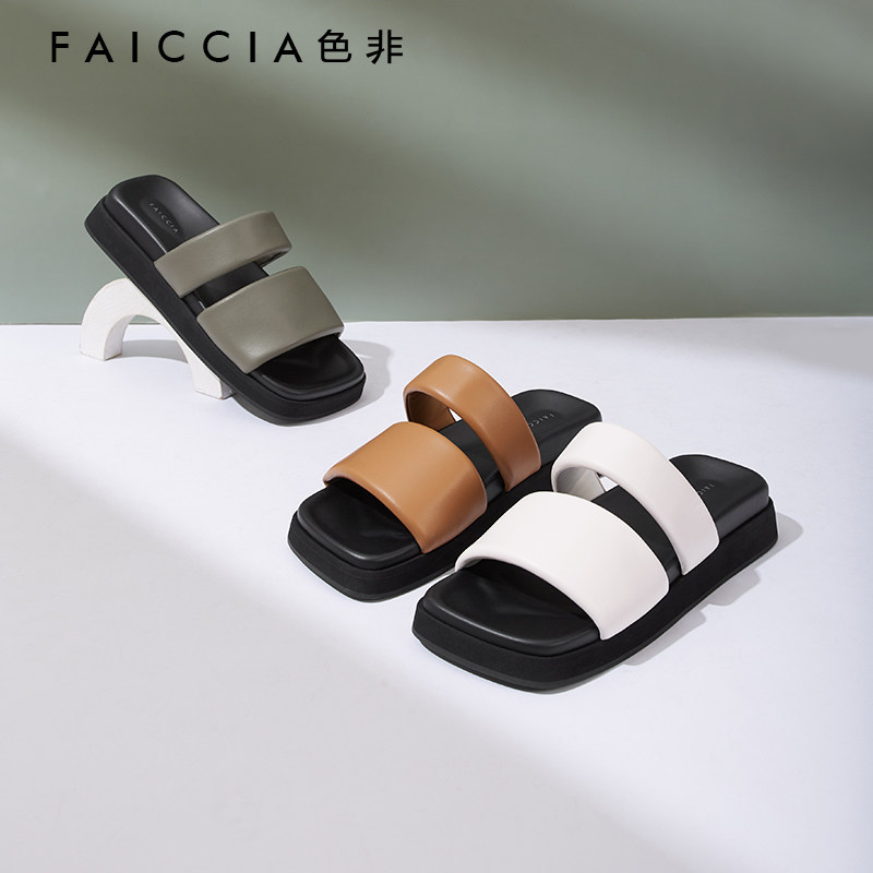 色非方头外穿凉拖2024夏季新款洋气复古平底凉鞋女厚底露趾罗马鞋