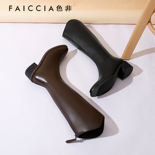 D530I 复古V口显瘦棕色女鞋 色非尖头真皮不过膝长筒靴女秋冬季 新款