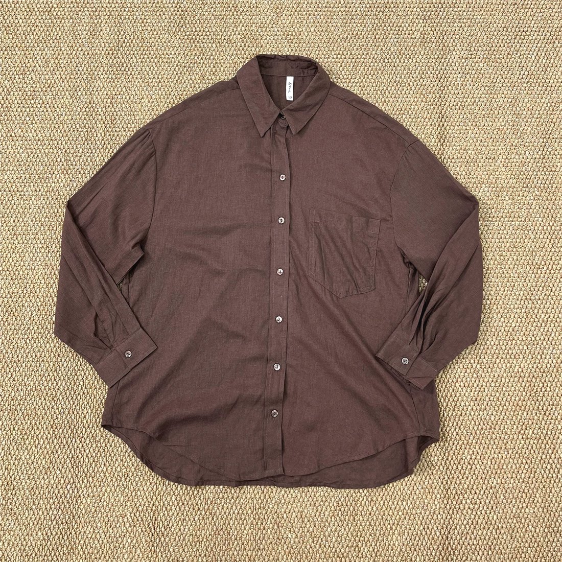 欧货棕色棉麻衬衫男单口袋宽松长袖防晒开衫亚麻皱布休闲工装衬衣