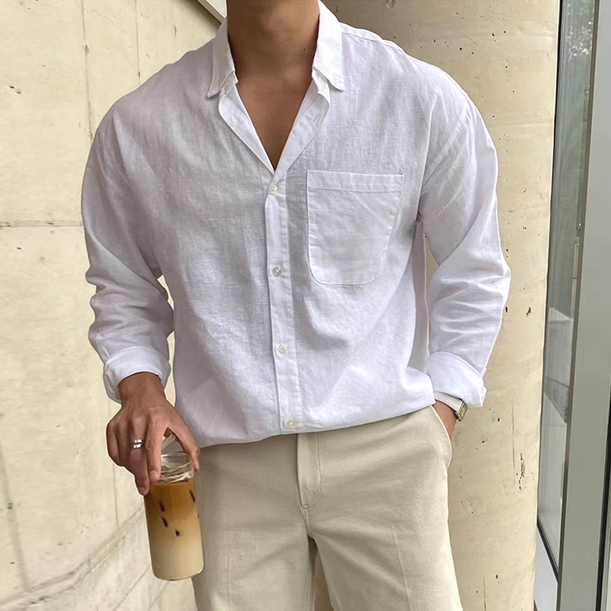 美式棉麻皱布衬衫男单口袋宽松长袖开衫薄款亚麻透气休闲工装衬衣