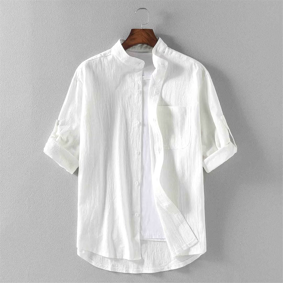 高级感棉麻白衬衫男立领设计感七分卷袖口袋工装衬衣透气亚麻寸衫