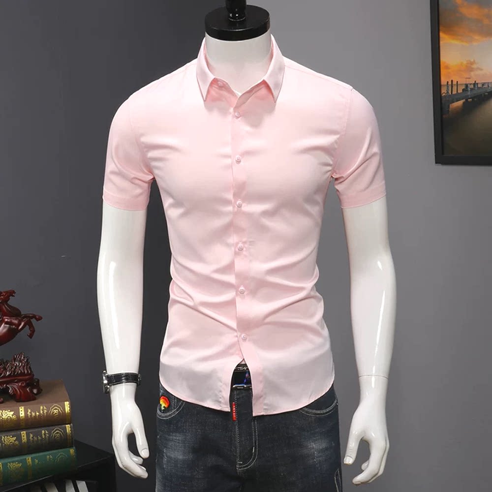 欧货免烫粉色衬衫男修身型窄腰短袖开衫丝滑冰丝莫代尔工装衬衣潮