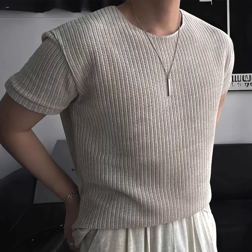 雪尼尔镂空针织衫男网眼透视性张力短袖t恤人造丝混坊线衣防晒衫