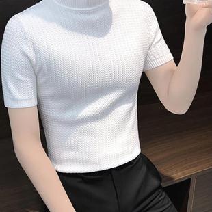 半高领麻花针织衫男高级感紧身短袖卫衣中领华夫格提花线衣打底衫