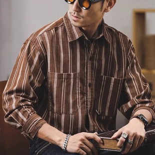 法式复古条纹衬衫男氛围感双口袋宽松长袖英伦雅痞休闲工装衬衣潮