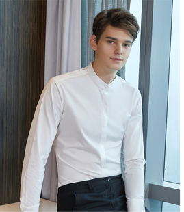 型长袖 男设计感暗扣修身 凉薄透气商务休闲白衬衣 复古立领衬衫 美式