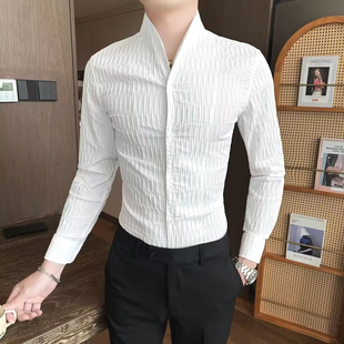 轻熟风中山装 法式 长袖 立领提花衬衫 华夫格衬衣潮 男褶皱肌理感修身