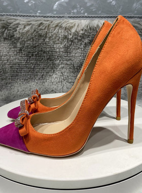12cm橙色绒面拼接蝴蝶结水钻高跟鞋尖头浅口单鞋细跟10cm舒适单鞋