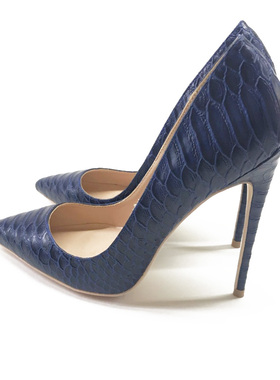 气质新款秋季社交女鞋深蓝色蛇纹尖头浅口细跟高跟鞋女12cm单鞋