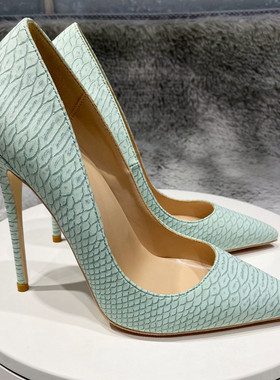 欧美春新款12cm浅绿色蛇纹尖头高跟鞋浅口百搭舒适单鞋10cm小码