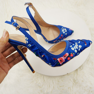 欧美时尚绸缎拼色高跟时装尖头走秀浅口细跟鞋性感外贸跨境大码鞋