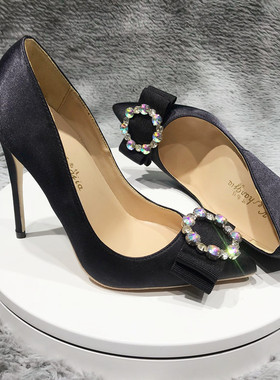 欧美新款12cm黑色绸缎蝴蝶结水钻扣真丝单鞋浅口细高跟10cm小码鞋