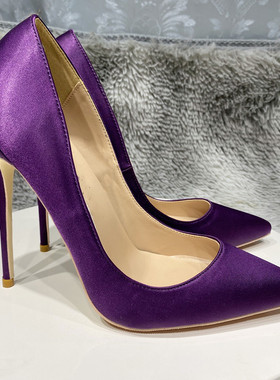 紫色绸缎高跟鞋女春秋新款性感礼服宴会12cm尖头细跟中跟单鞋10cm