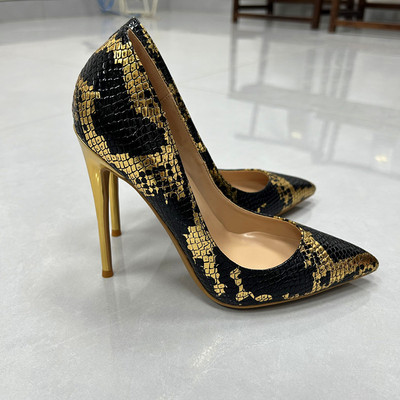 欧美新款12cm拼色蛇纹尖头高跟鞋