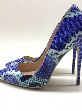 蓝色蛇皮高跟鞋女超细跟尖头单鞋女12cm礼仪工作鞋10cm宴会鞋大码