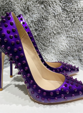 欧美新款12cm深紫色漆皮铆钉尖头高跟女式时装单鞋细浅口女鞋10cm