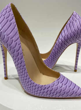 秋新款浅紫色蛇纹单鞋女12cm细跟浅口高跟鞋性感夜店尖头鞋10cm