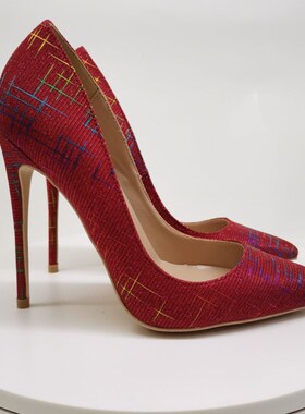 红色亮片法式高跟鞋女细跟12cm浅口尖头百搭性感单鞋10cm小码