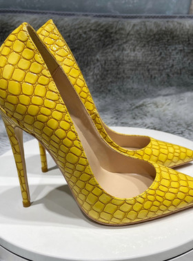 欧美新款黄色石头纹12cm尖头高跟鞋网红复古细跟浅口显瘦单鞋10cm