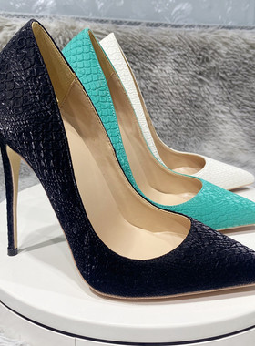 新款黑色蛇纹高跟鞋女细跟12cm尖头浅口欧美性感气质单跟鞋10cm