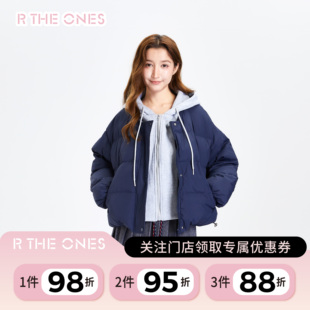 RTHEONES 新款 女装 休闲撞色假两件连帽抽绳羽绒服 韩系2025冬季